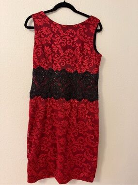 Alex Evenings Red Lace-Pattern Midi Dress with Black Beaded Waist